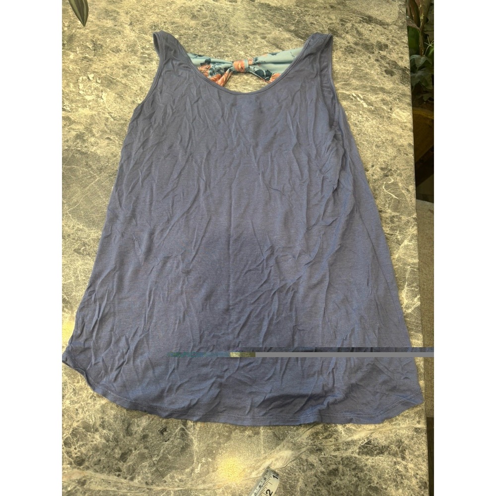 Ladies Xl Love Story Slate Blue Tank Top With Attached Back Floral Bow Detail